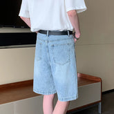 Hearujoy Trendy Men Denim Shorts Straight Wide Leg Knee-length Jeans Worn-out Vintage Trend Solid Color Male Bottoms 9C6905